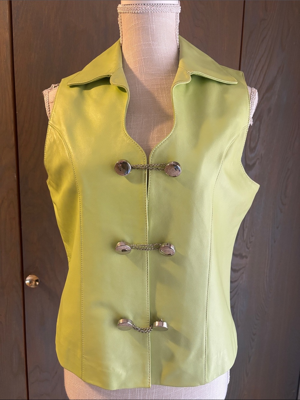 Vintage LaVee 90s Y2K Lime Green Leather Vest Clubwear Party Chain Top